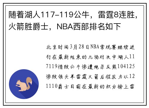 随着湖人117-119公牛，雷霆8连胜，火箭胜爵士，NBA西部排名如下